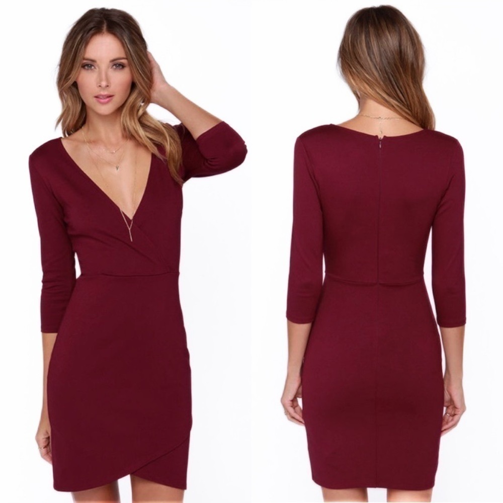 LULUS Lean Into It Burgundy Elbow Sleeve V-neckline Darted Wrap Bodice Midi Dres